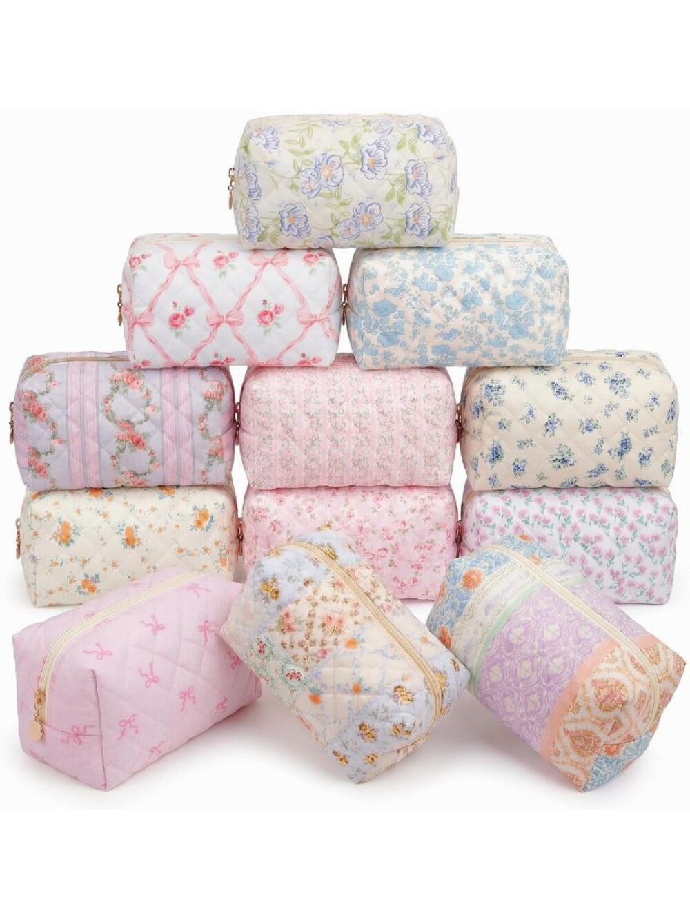 12 Pack Floral Quilted Makeup Bags | Bulk Toiletry & Cosmetic Pouches Set